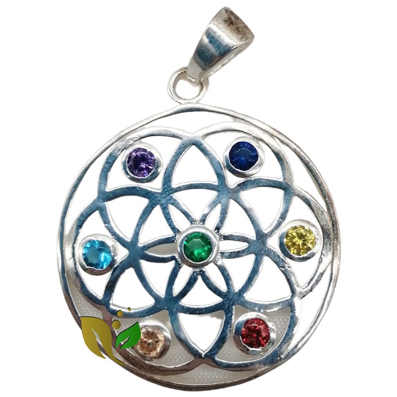 colgante, plata, flor de la vida, 7 piedras, chackra.