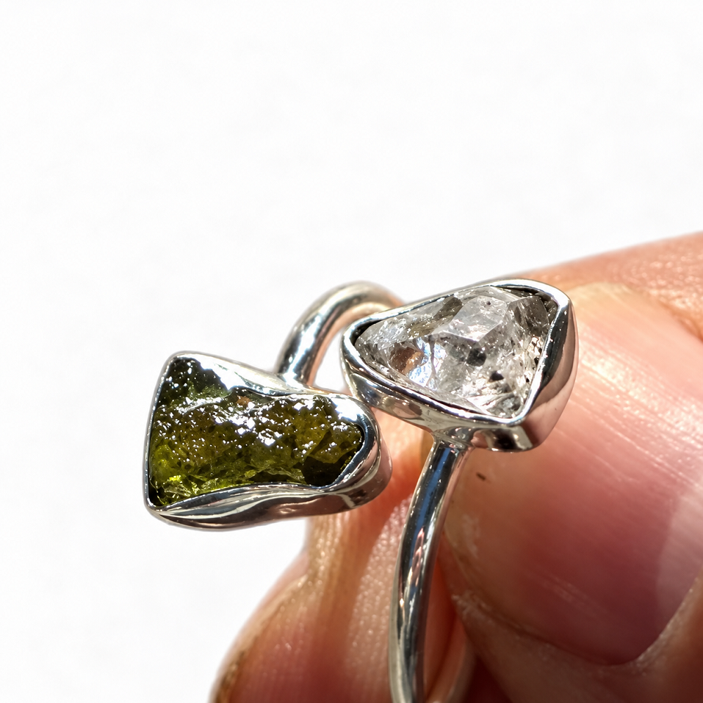 925 Silver Adjustable Ring – Moldavite and Herkimer